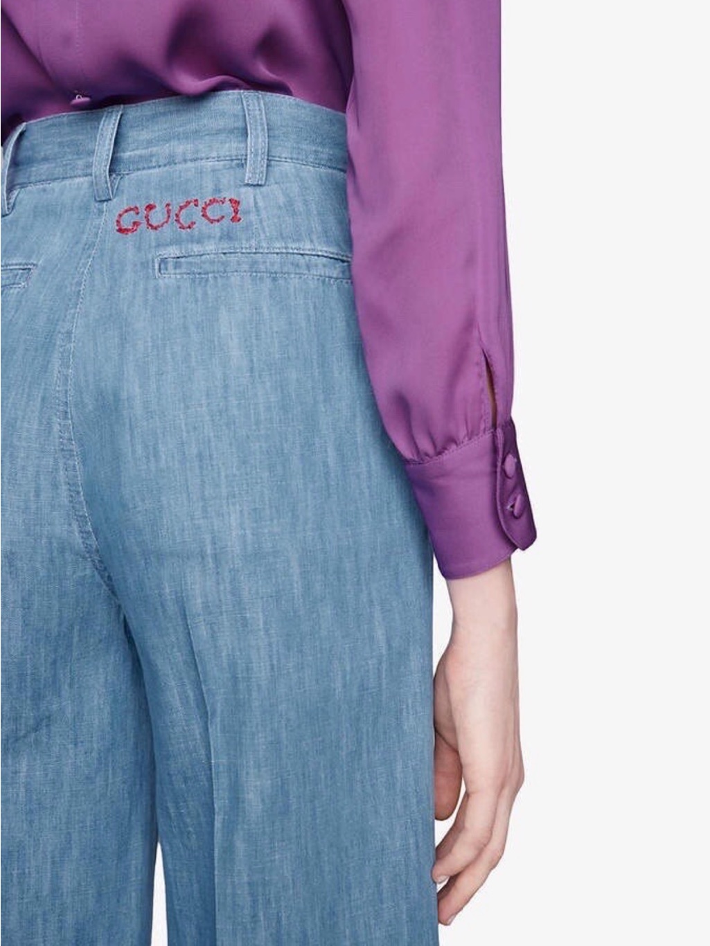 Gucci Denim Jean Pant Culottes Logo Embroidery Detail Pale Blue